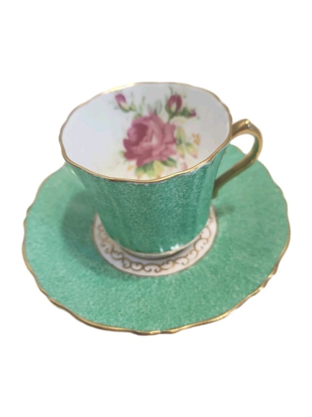 Old  Royal Fine China England Green Wetley Rose Set Demitasse Cup & Saucer Vtg